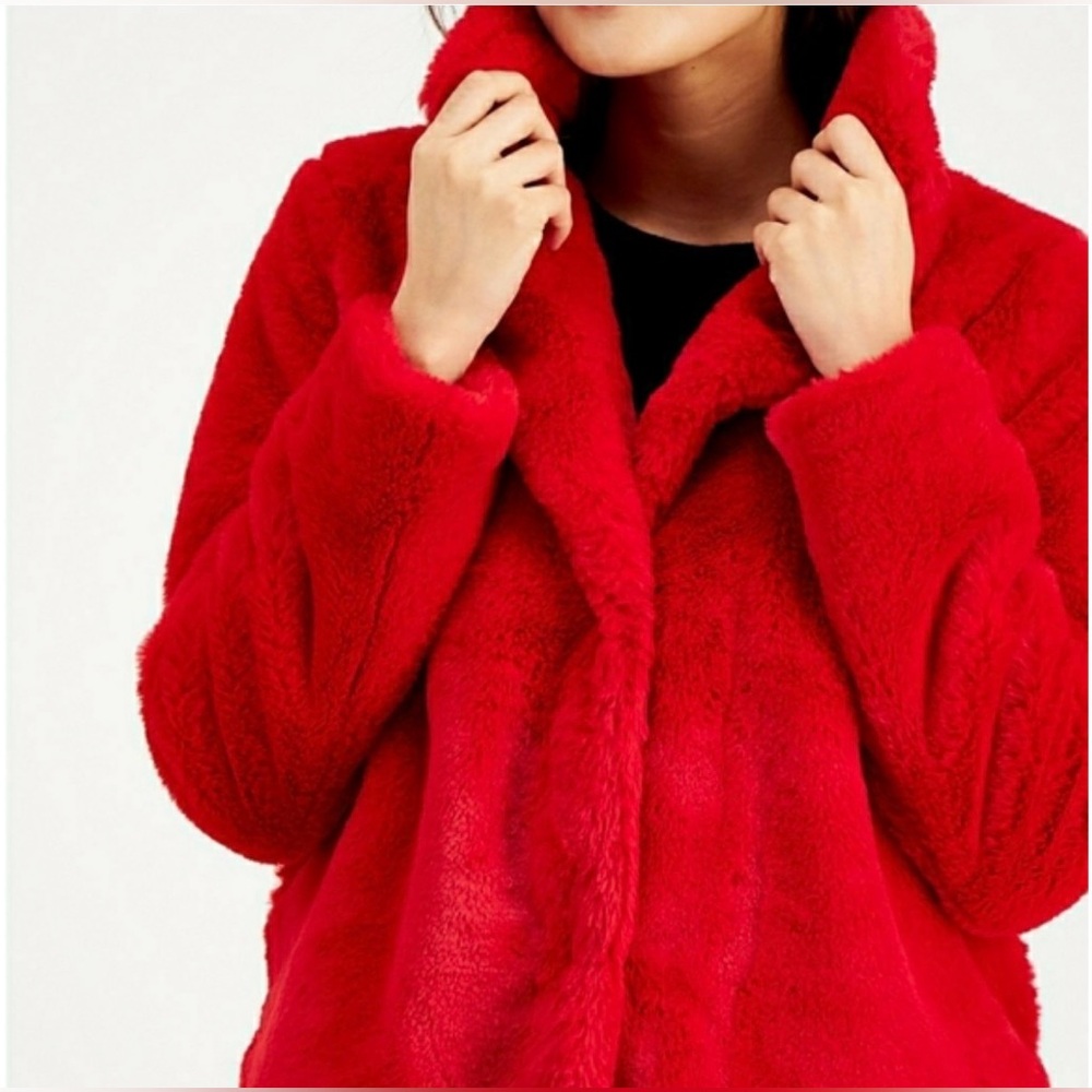 Jou Jou faux fur red coat.  Sexy Santa. Valentine’s Day. Winter